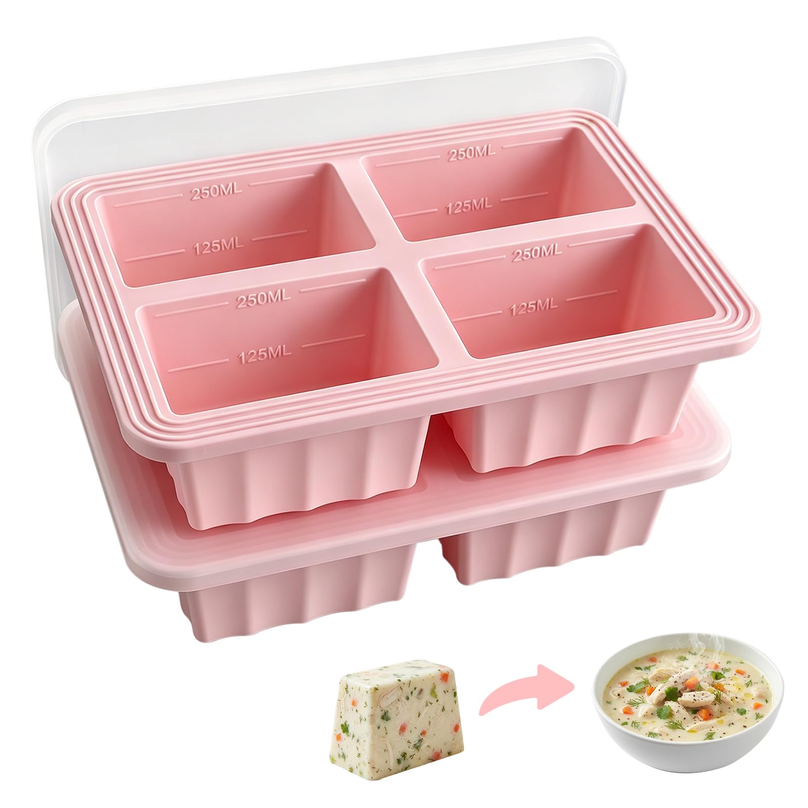 2 Pack Food Grade Silicone Freezer Tray with Lid, 4 Compartment Soup Freezer Containers, Large Ice Cube Tray for Meal Prep, 8 Cup Portion Freezing Moulds for Soup, Sauce, Broth, Food & Leftovers
