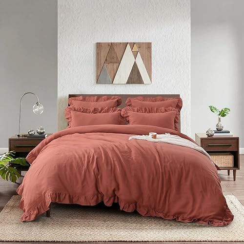 meadow park Funda de edredón de lino de algodón con fundas de almohada, juego de 3 piezas, tela lavada a la piedra vintage, estilo volantes con disponible en Yaxa Peru