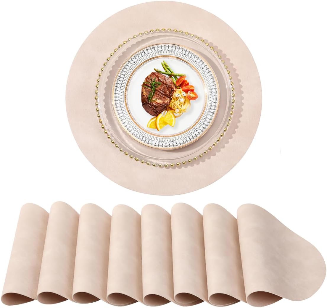 UnivoColors PU Leather Placemats Set of 8,15 Inches Round Washed Cowhide Pattern Table Mats for Dining Table, Kitchen, Party Decoration(Retro Beige)