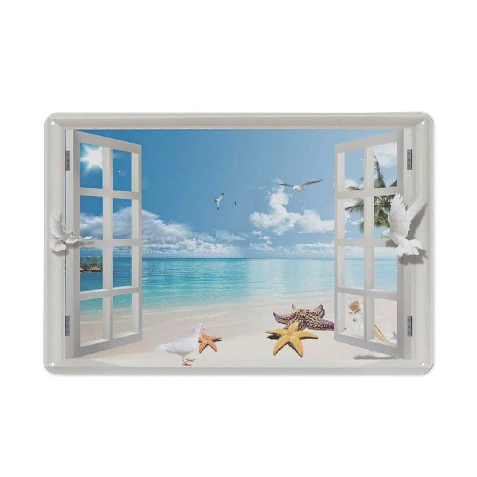 Rustic Metal Tin Sign, Starfish Palm Tree Sea View Wall Art, Tropical Bedroom Living Room Decor 12x8 Inch