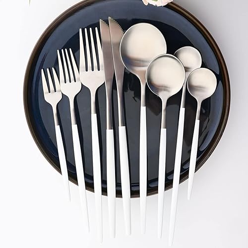 Miniatura 5 de Gugrida Cubiertos de plata blanca pulida mate, diseño ligero, 36 piezas de acero inoxidable, juego de cubiertos para 6 incluyendo tenedores,