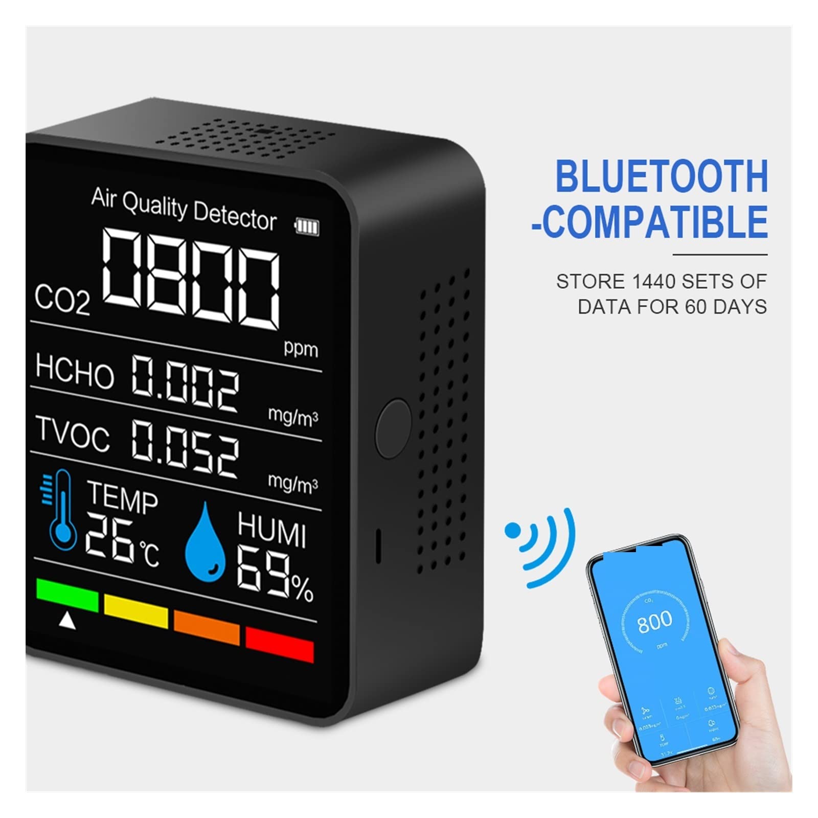Detector de Gases, Detector de dióxido Carbono CO2 Smart Digital Temperatura Interior Sensor Humedad Probador la Calidad del Aire Monitor(Bianco)