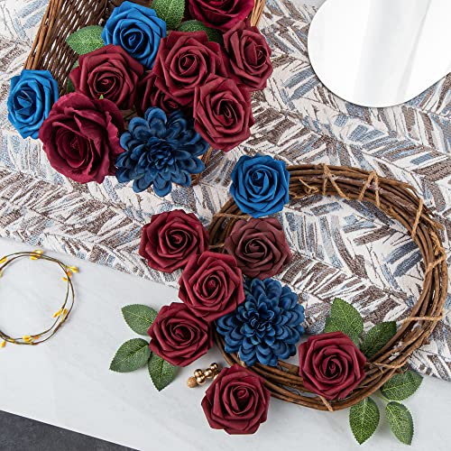 Exoment Artificial Flowers Combo Box Set Multi Use Fake Flowers Box Silk Rose With Stems For Diy Centerpieces Arrangements Candle Holder Baby Shower (Noble Burgundy And Royal Blue) #TOP2