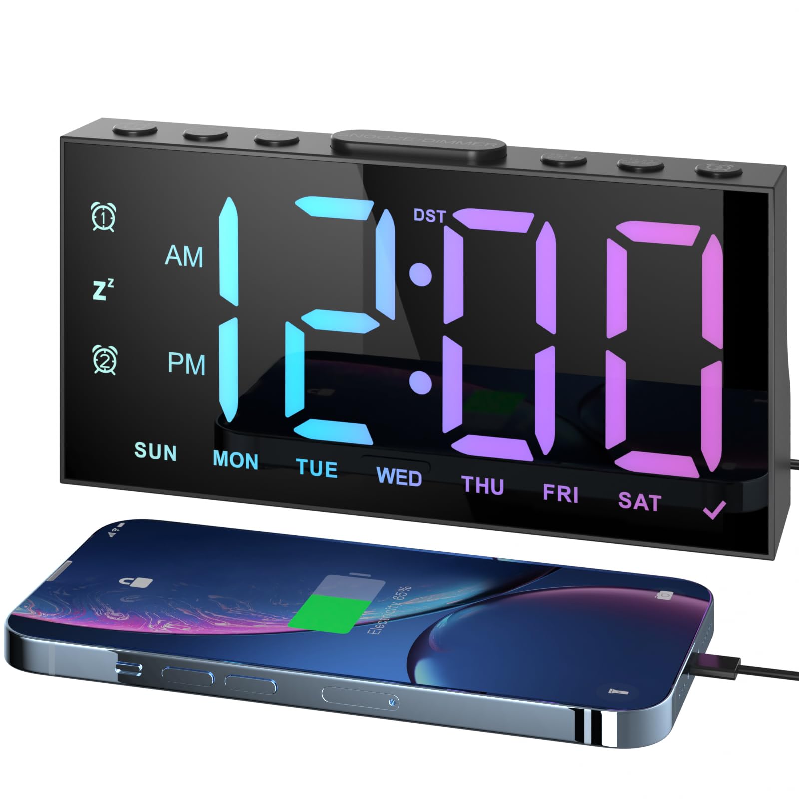 Digital Alarm Clocks for Bedrooms, Digital Clock with RGB LED Display, 5 Level Brightness, Dual Alarm, Snooze, DST, Alarm Clocks Bedside Mains Powered