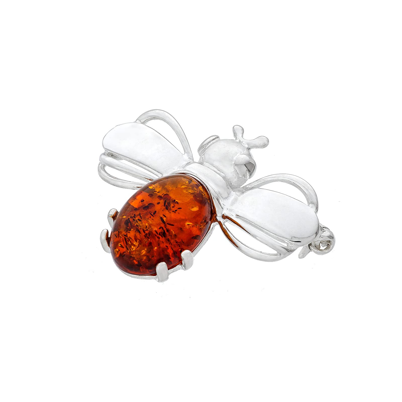 Damen Silber Brosche, Biene mit Bernstein, Poliertes Sterling Silber, Baltischer Natur Bernstein in Cognac Farbe