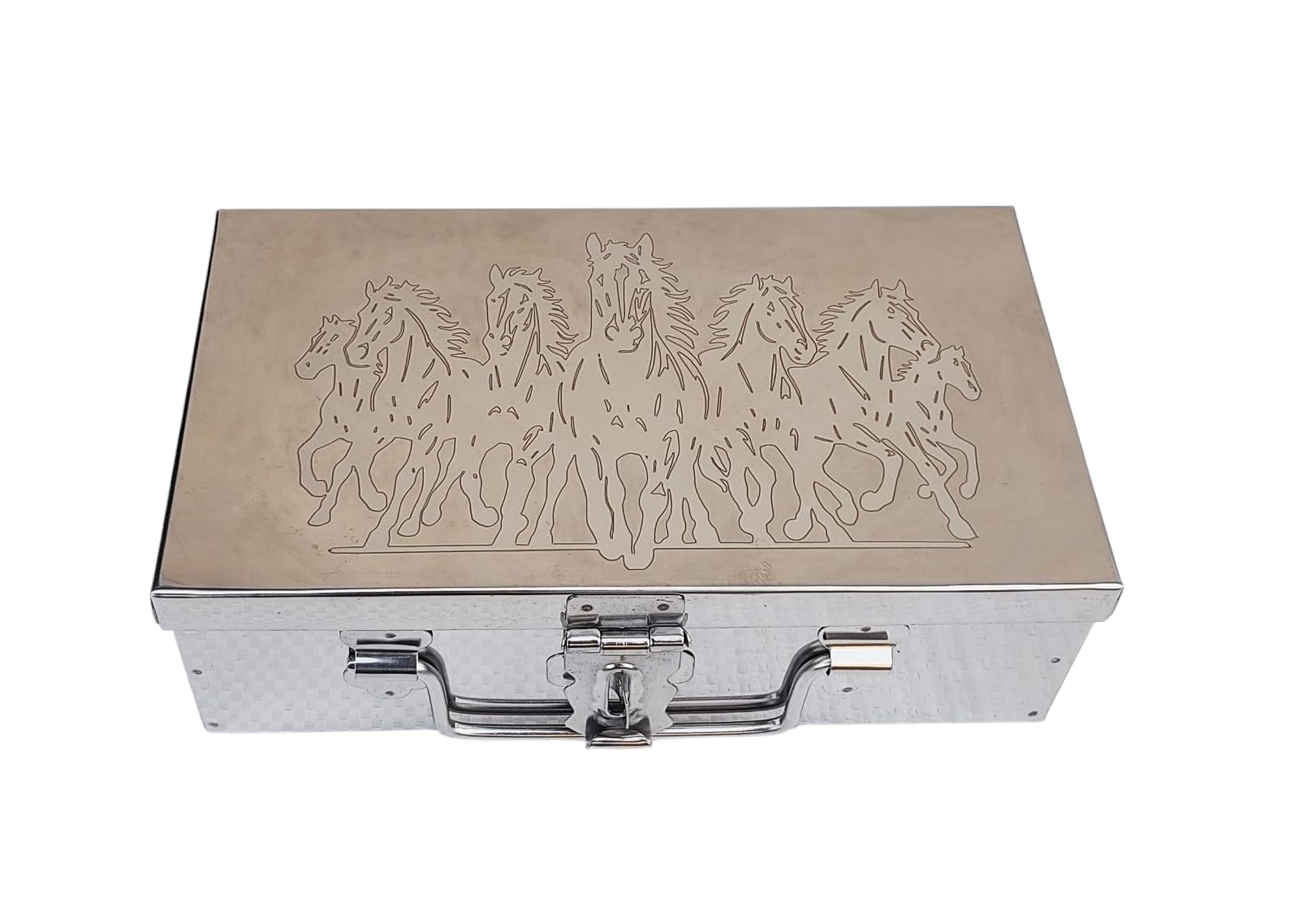 Stainless Steel Storage Boxes, Pooja Peti,Organizer, Vanity Box, Safe Locker,Cash Box Silver with Engraved Horse Design_in 9 inch (Medium_9inch)-image-45