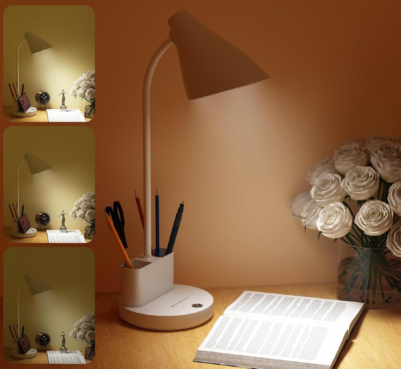 akr powerful rechargeable led table lamp with touch on/off switch| adjustable brightness & 360° flexible rotating gooseneck | portable desk study lamp for reading, office & bedroom (42 cm, white)