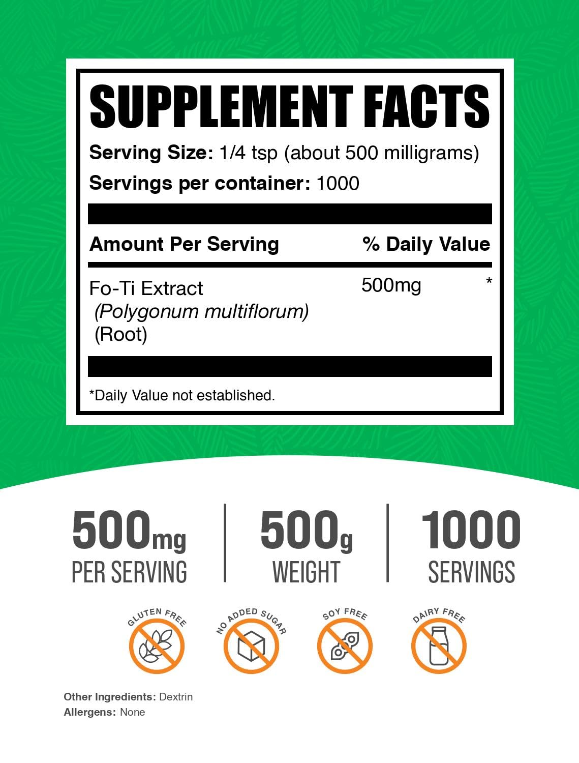 BulkSupplements.com Fo-Ti Extract Powder - Fo-Ti Root Powder, He Shou Wu, Herbal Supplement - Gluten Free, 500mg per Serving, 500g (1.1 lbs) (Pack of 1)