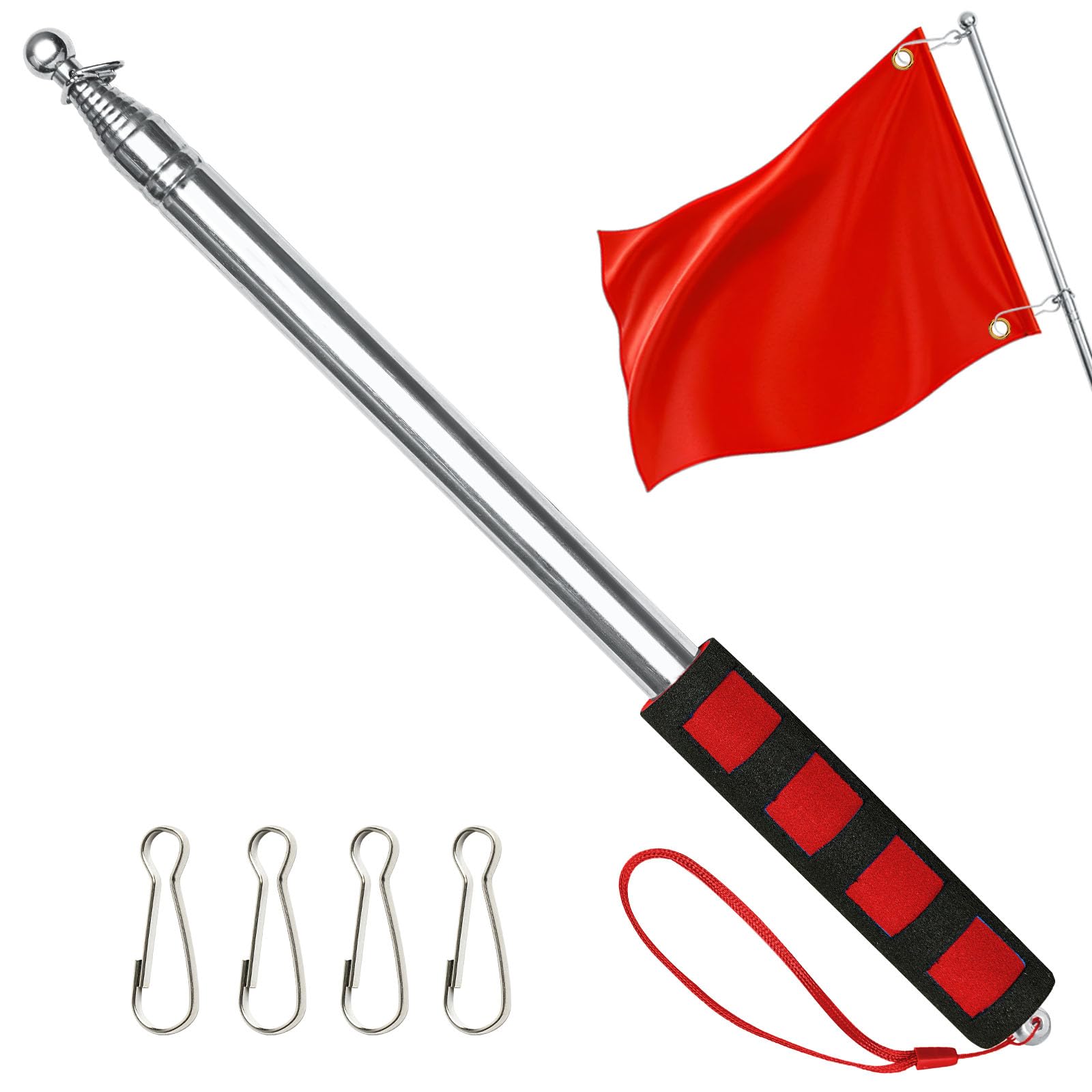 APXEL 8.2ft (250cm) Telescopic Handheld Flag Pole, 1 Pc Stainless Steel Retractable Banner Pole with 4 Grip Clip, Tour Guide Flagpole Pointer Teaching Pointer Stick for Tour Guide Festival (Red)