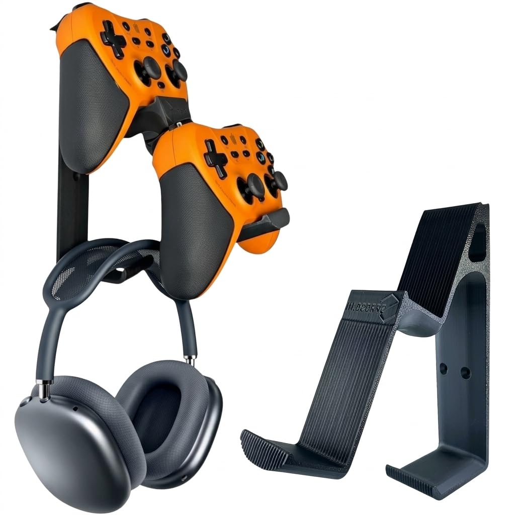 Retro Dual Gaming Controller & Headphone Stand Wall Mount with Cable Holder | Stick-On Adhesive No-Drill | ABS Organizer for Gaming Room & Desk | Includes Cleaning Wipes (Black, Pack of 1)-image-44