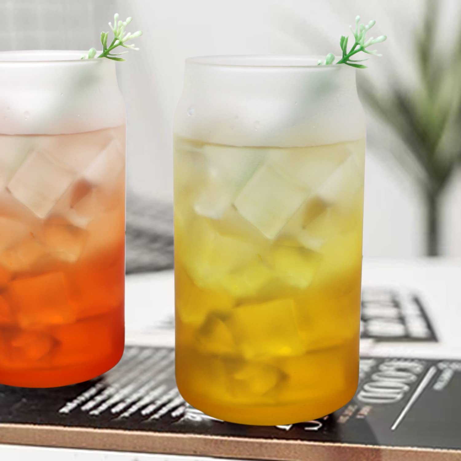 Encheng Multi-color Drinking Glasses Set of 12,16 OZ Beer Glasses with Straws,Color Gradient Glass Water Cup for Cocktail,Iced Coffee,Whiskey,Tea