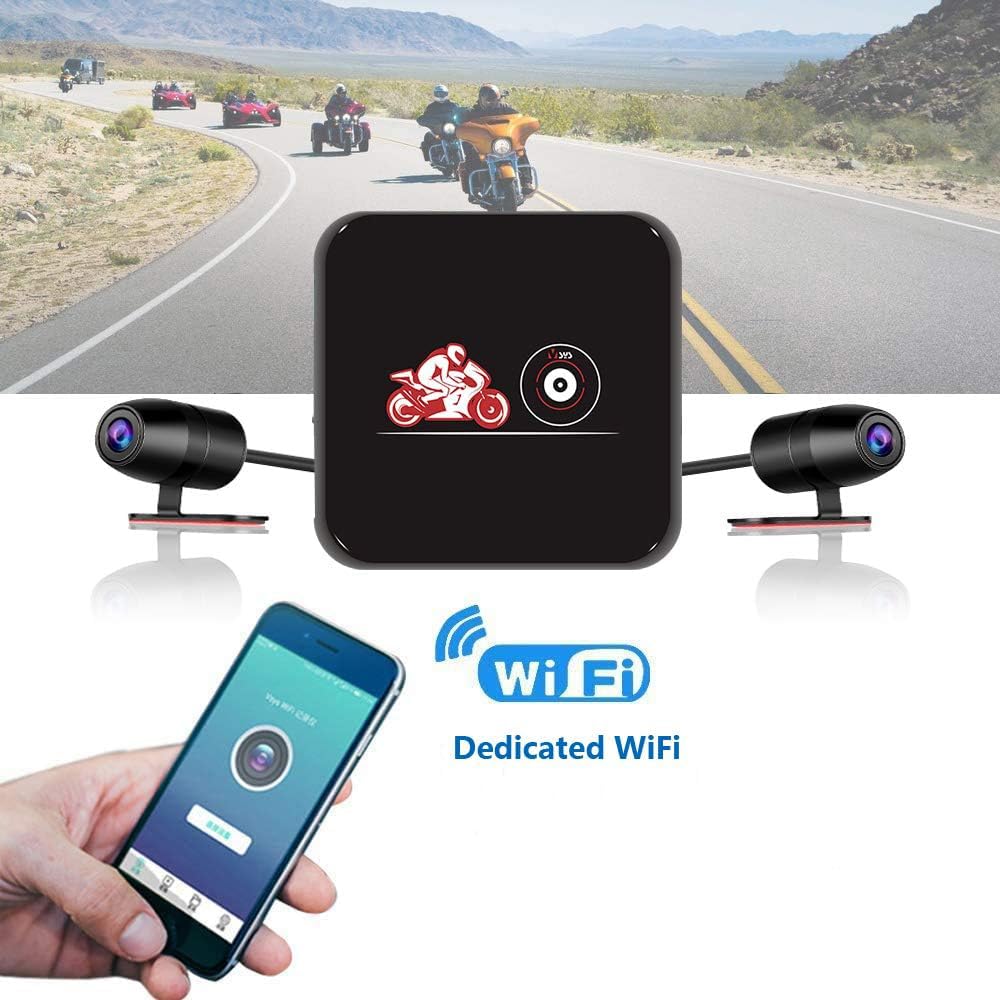 VSYSTO Dash Cam Moto, Fotocamera per Moto Obiettivo Grandangolare 130°, Impermeabile Doppia Anteriore e Posteriore 1080P Videocamera con WiFi, Visione Notturna, Sensore G, Registrazione in loop