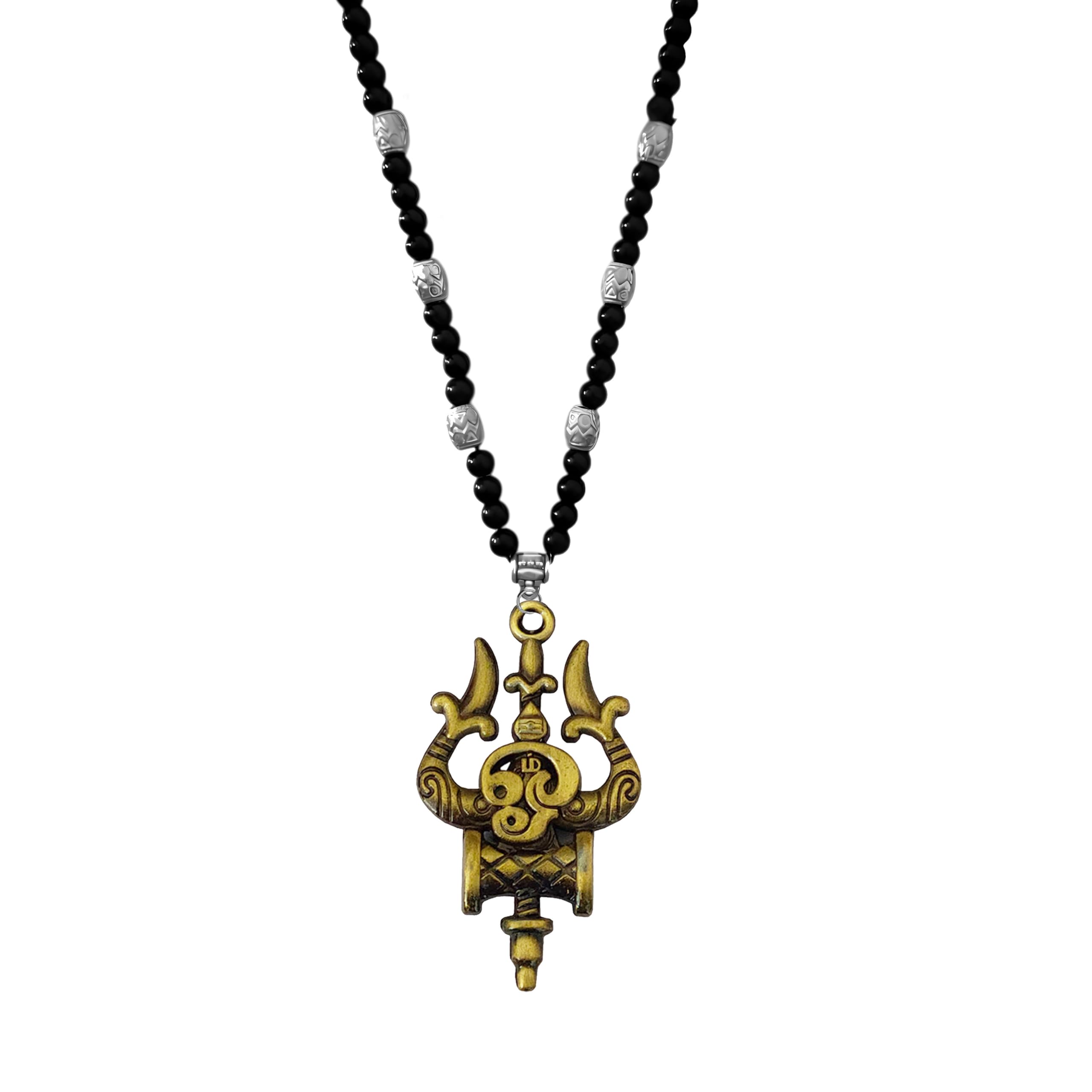 m men style Tamil Om Trishul Damaru Pendant Necklace | Trident & Damru Locket | Black Beaded Mala Chain for Men & Boys | Hindu Spiritual Fashion Jewelry Gift Copper SPn2025505-picture-18