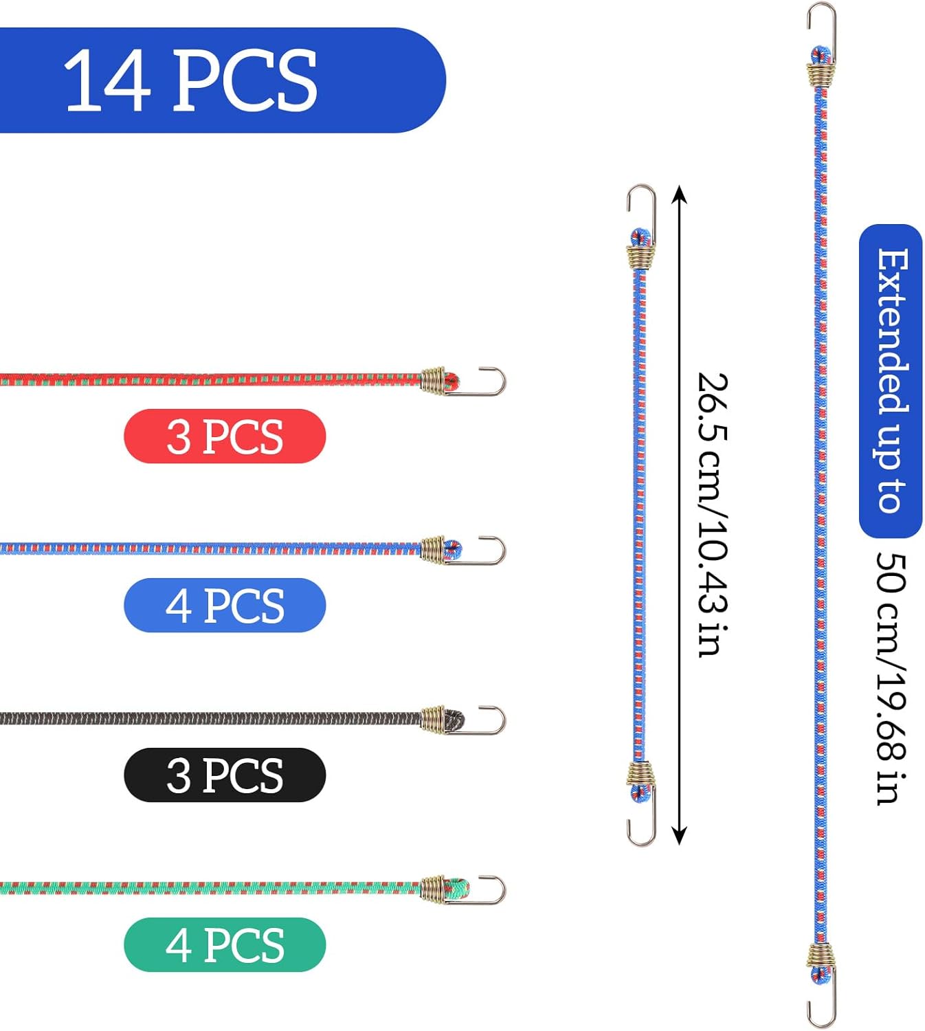TIESOME 14 Pcs Small Bungee Cords with Hooks, 10'' Mini Bungee Cord Hooks Adjustable Multicolor Rubber Short Elastic Bungee Straps for Outdoor Camping Tents Tarps Bikes RV Luggage Roof Racks Cargo