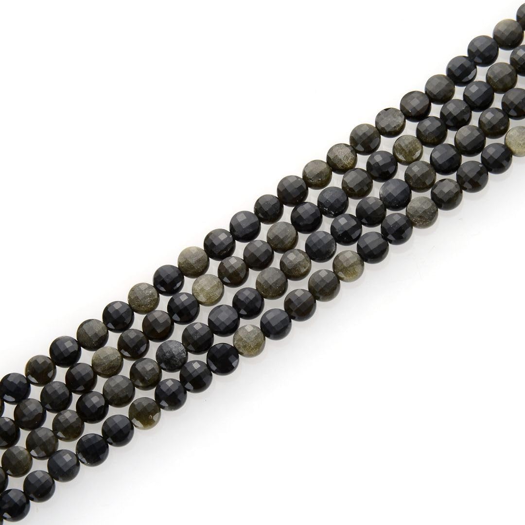 Adabele 45 Inch Natural Gold Sheen Black Obsidian Gemstone 6mm Faceted Flat Round Coin Loose Beads Gem Stone Spacer (183-198pcs) for Jewelry Making GZ13-11