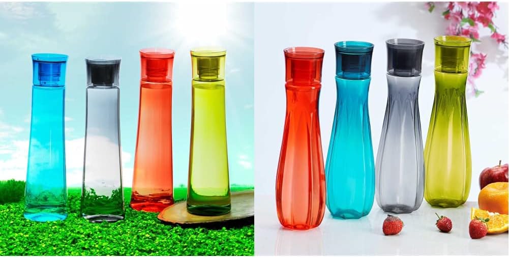 Steelo Selina Plastic Water Bottle, 1 Litre, Set of 4, Multicolour & Flore Plastic Water Bottle, 1 Litre, Set of 4, Multicolour Combo