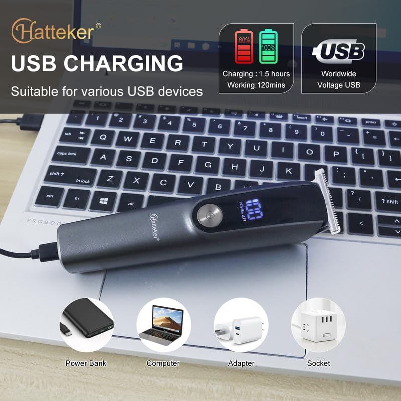 Hatteker HT-621 Trimmer connected to a laptop via USB for charging