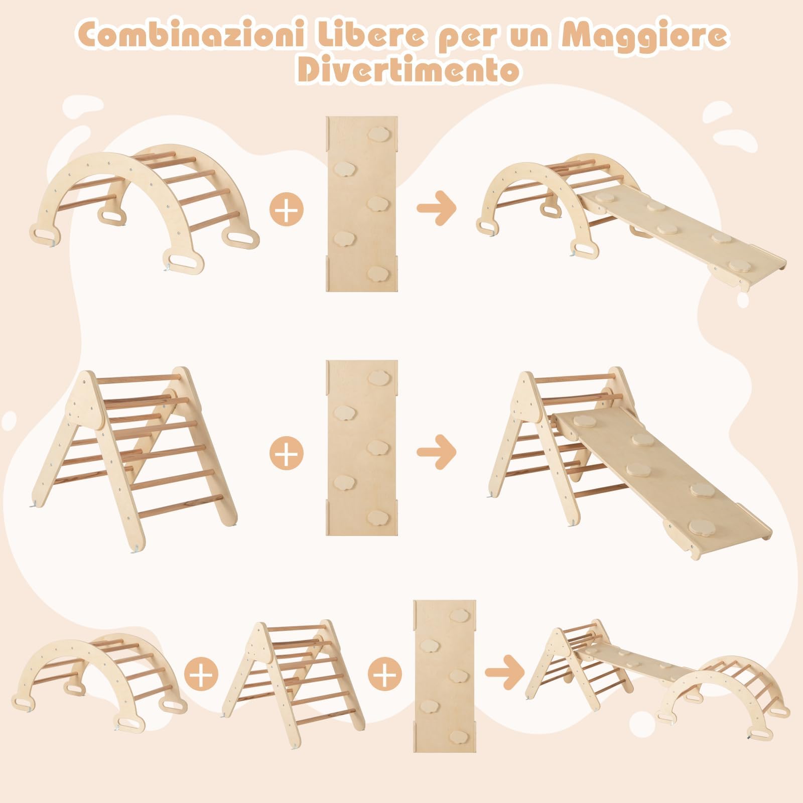 COSTWAY 4 in 1 Set da Arrampicata per Bambini, Giocattoli da Arrampicata a Triangolo con Triangolo Arco e Salita, Ideale per Bambini 1 Anni + (Naturale)
