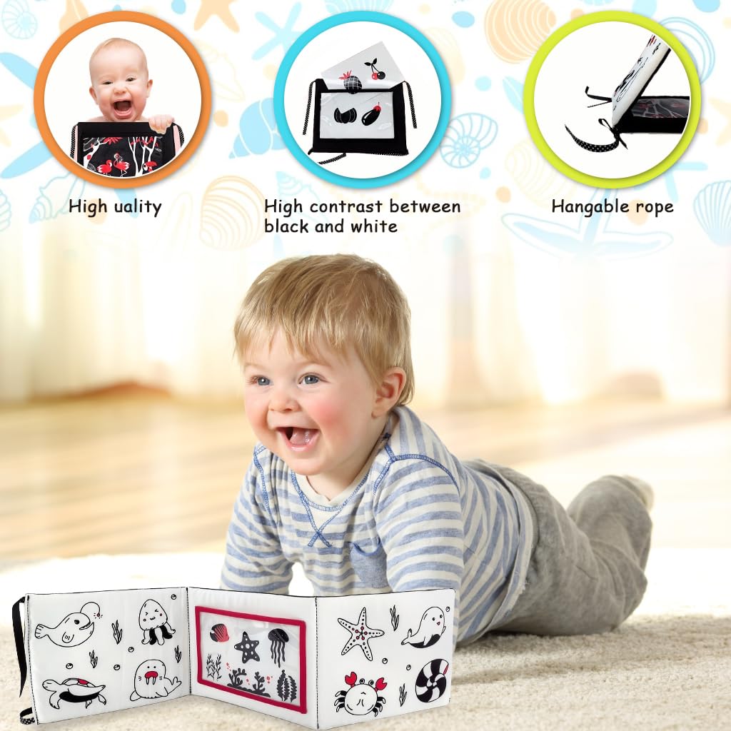 SNOWIE SOFT® Butterfly Cloth Book for Baby 6 to 12 Month with Mirror, Double-sided Crib Tummy Time Toys for Babies, High Contrast Montessori Visual Stimulation Washable Baby Toys, Babies Boy Girl Gift 3