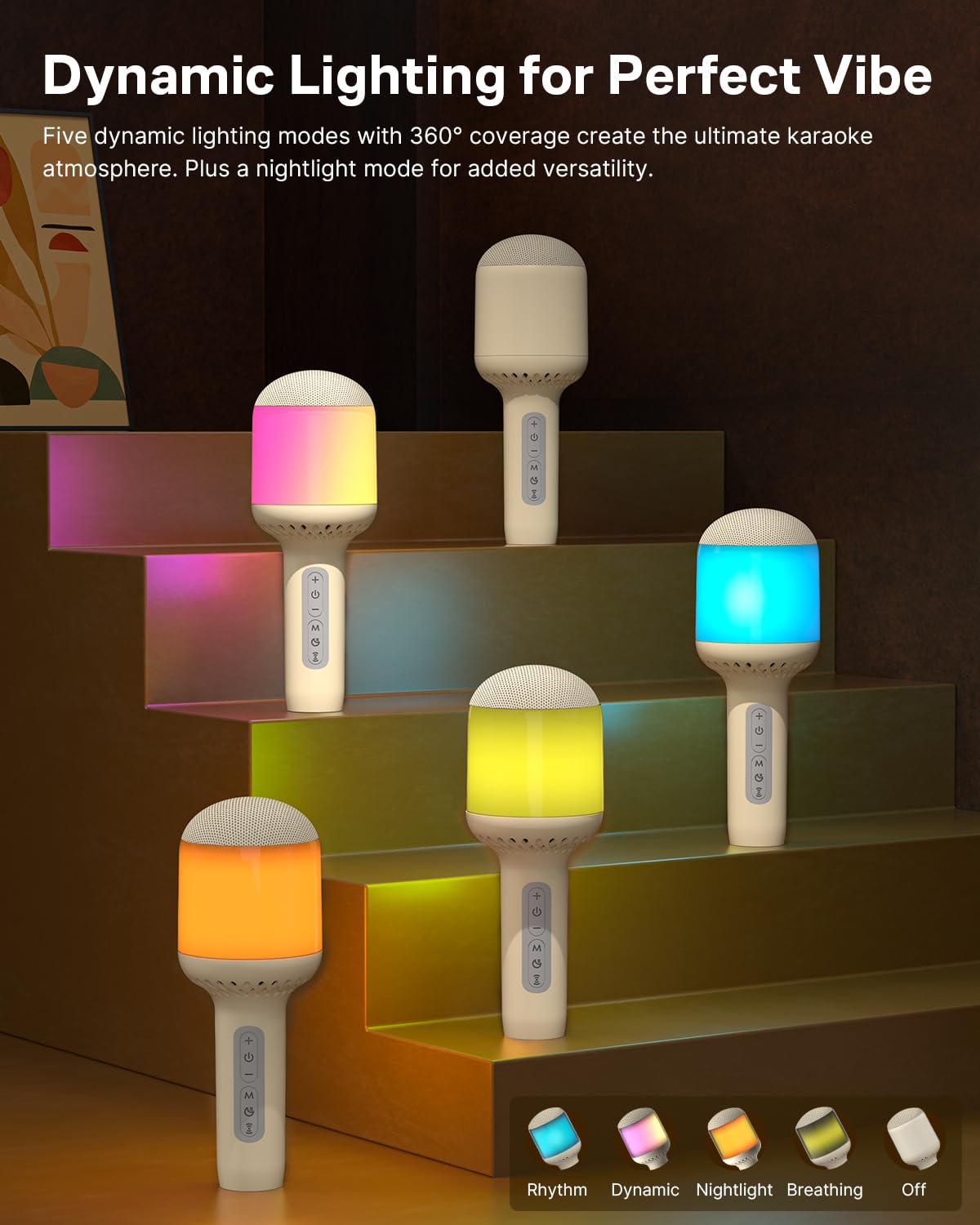 Micrófono de karaoke inalámbrico Bluetooth con luces dinámicas, micrófono de mano portátil, 6 efectos de sonido, batería de 10 horas, perfecto para niños cantando, fiestas en casa, dúo, idea de regalo 6