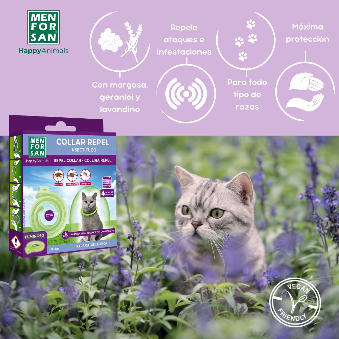 MENFORSAN Collar luminiscente Anti-Insectos para Gatos, con Tres repelentes Naturales Margosa, Geraniol y Lavandino, Cítrico, Verde, 30 cm
