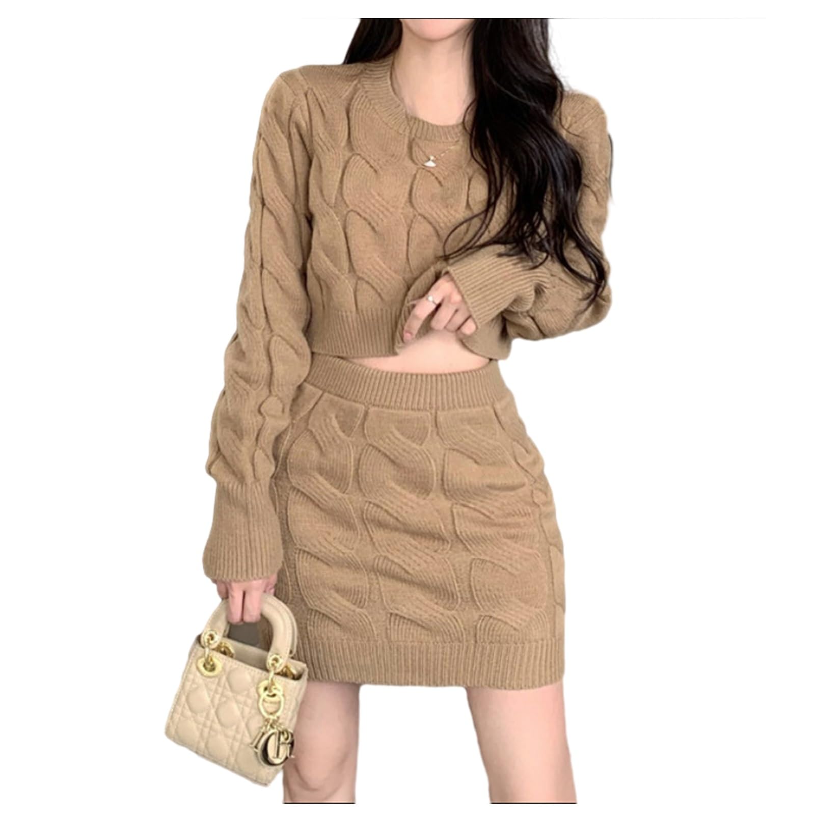 Set da donna in due pezzi, gonna e top in maglione lavorato a maglia, maglione casual da donna, caldo, allentato, a trecce (Color : Khaki, Size : Free)