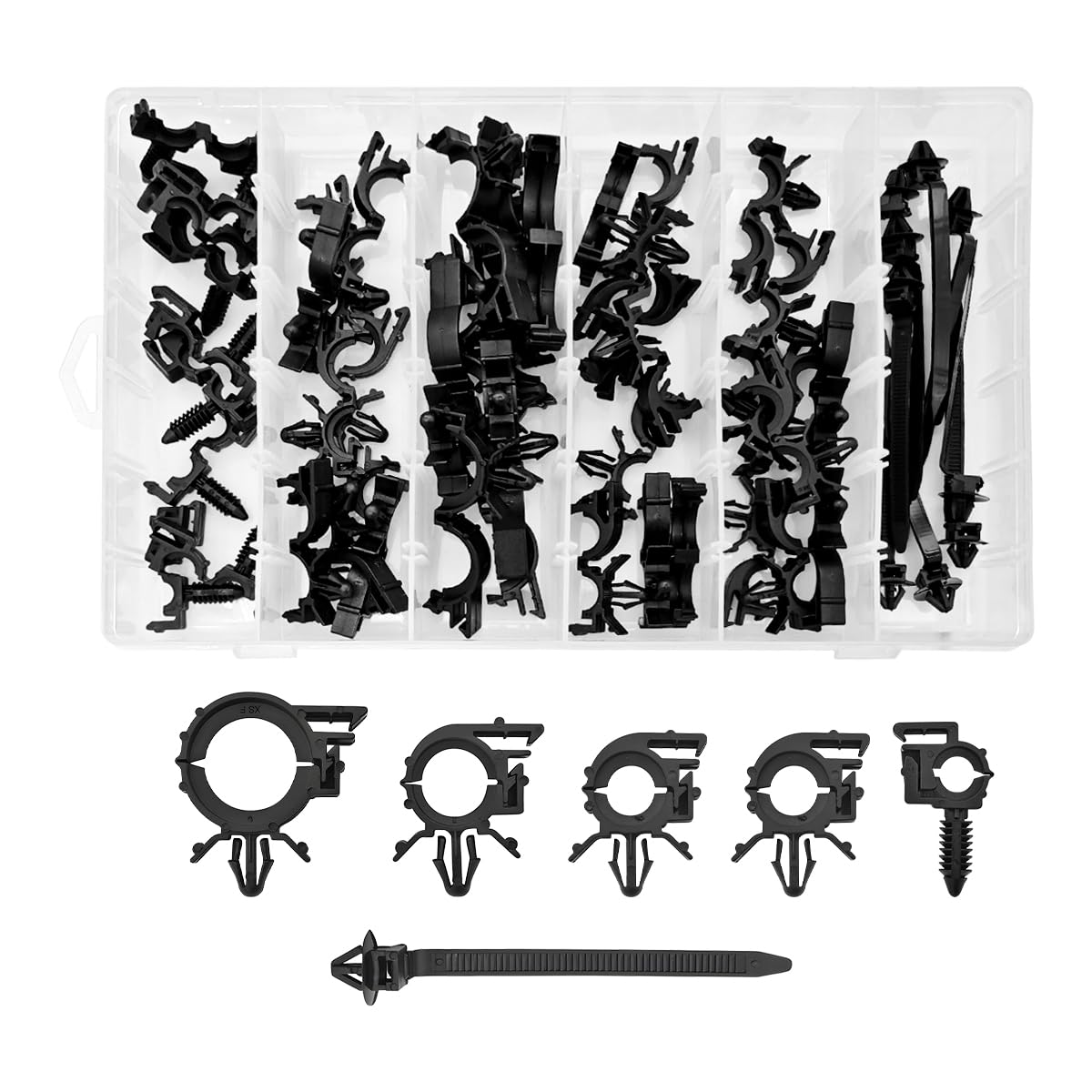 60PCS Car Wire Loom Harness Routing Clips Assortment, 6 Different Sizes Wiring Retainer Clip Replacement Parts Releasable Push Mounts Tie Wrap, Universal for Vehicle Boat Trailer UTV