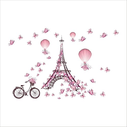 Miniatura 4 de Vinilo adhesivo decorativo decorativo para pared con diseño de mariposa rosa romántica de París, Torre Eiffel, flor y flor de aire caliente, para