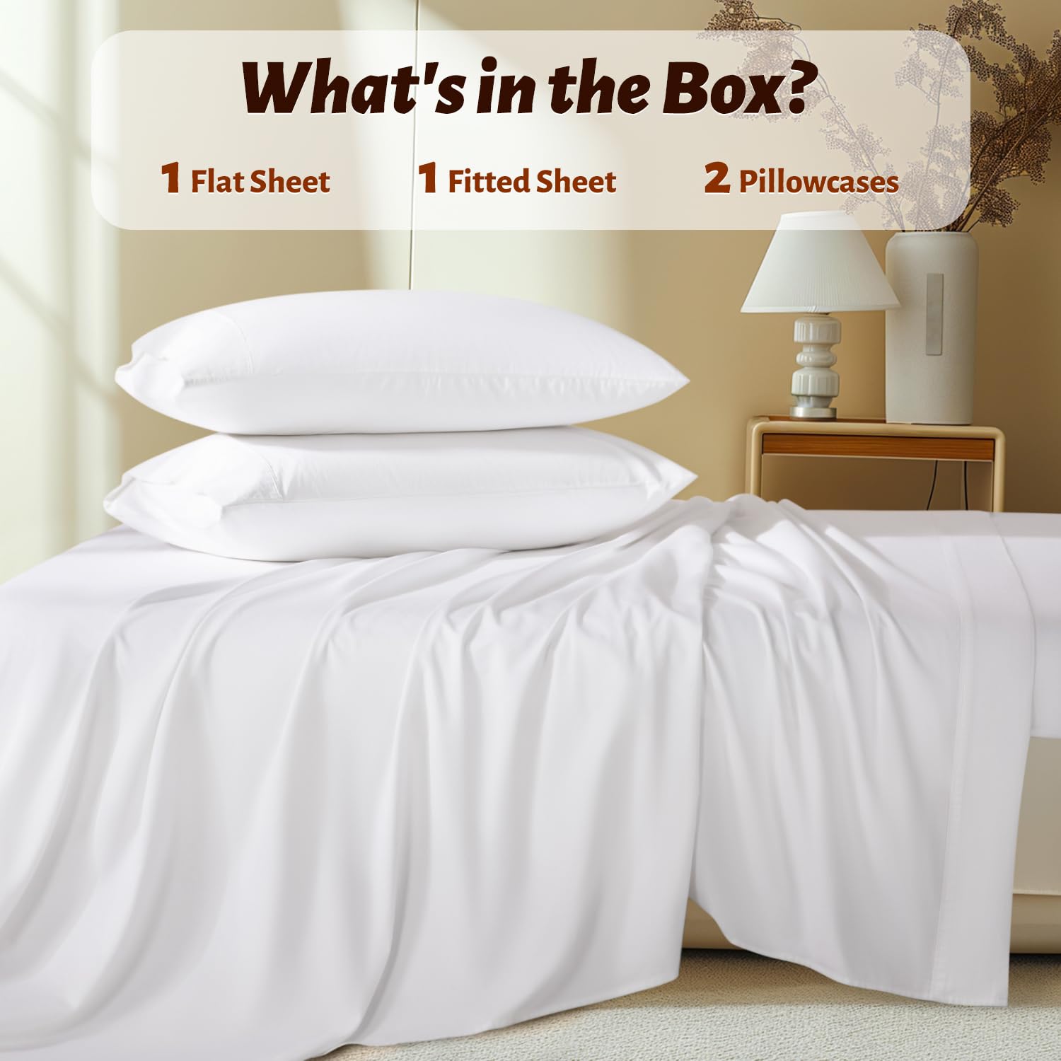 Shilucheng 100% Cotton Sheets, 4 Pieces Sheet Set, Breathable Cooling Bed Sheets with Deep Pocket Up to 16", Bedding Sheets & Pillowcases (King,White) — view 7