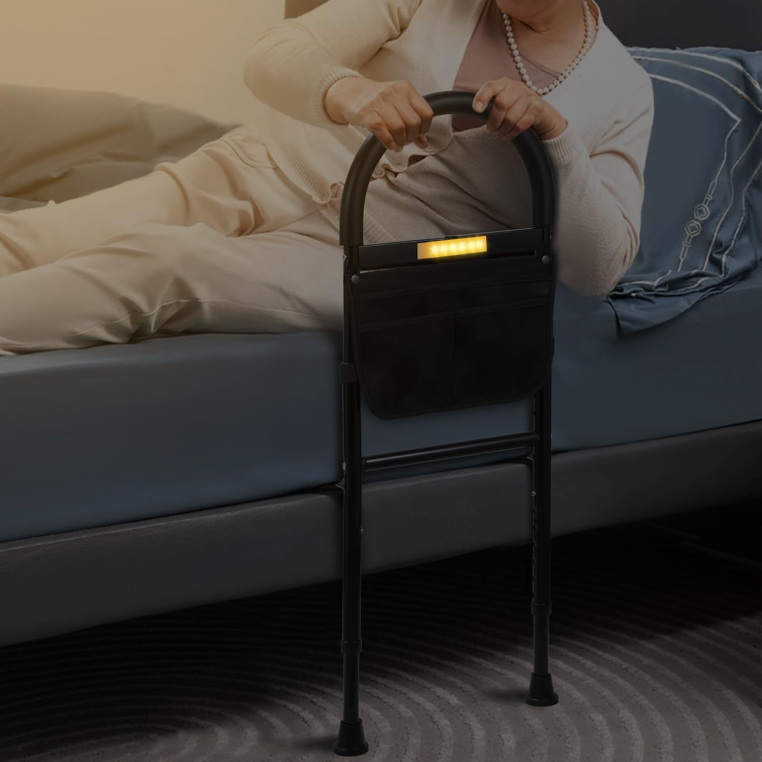 Fiqops Sostegno per alzarsi dal letto, Sostegno per alzarsi dal letto per anziani, con sensore, Sostegni per alzarsi con tasca di stoccaggio, Sostegno per alzarsi regolabile in altezza, Sponde di