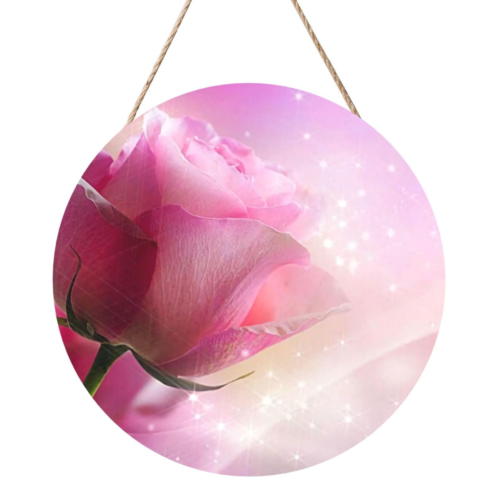 InOmak Pink Flower Rose, Round Wood Panel Painting 12 in, Wall Hanging Painting For Home