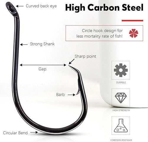 Miniatura 4 de Hilitchi 200 ganchos de pesca de 6 tamaños, diseño de punto compensado en acero de alto carbono, ganchos circulares para pesca de agua salada y agua