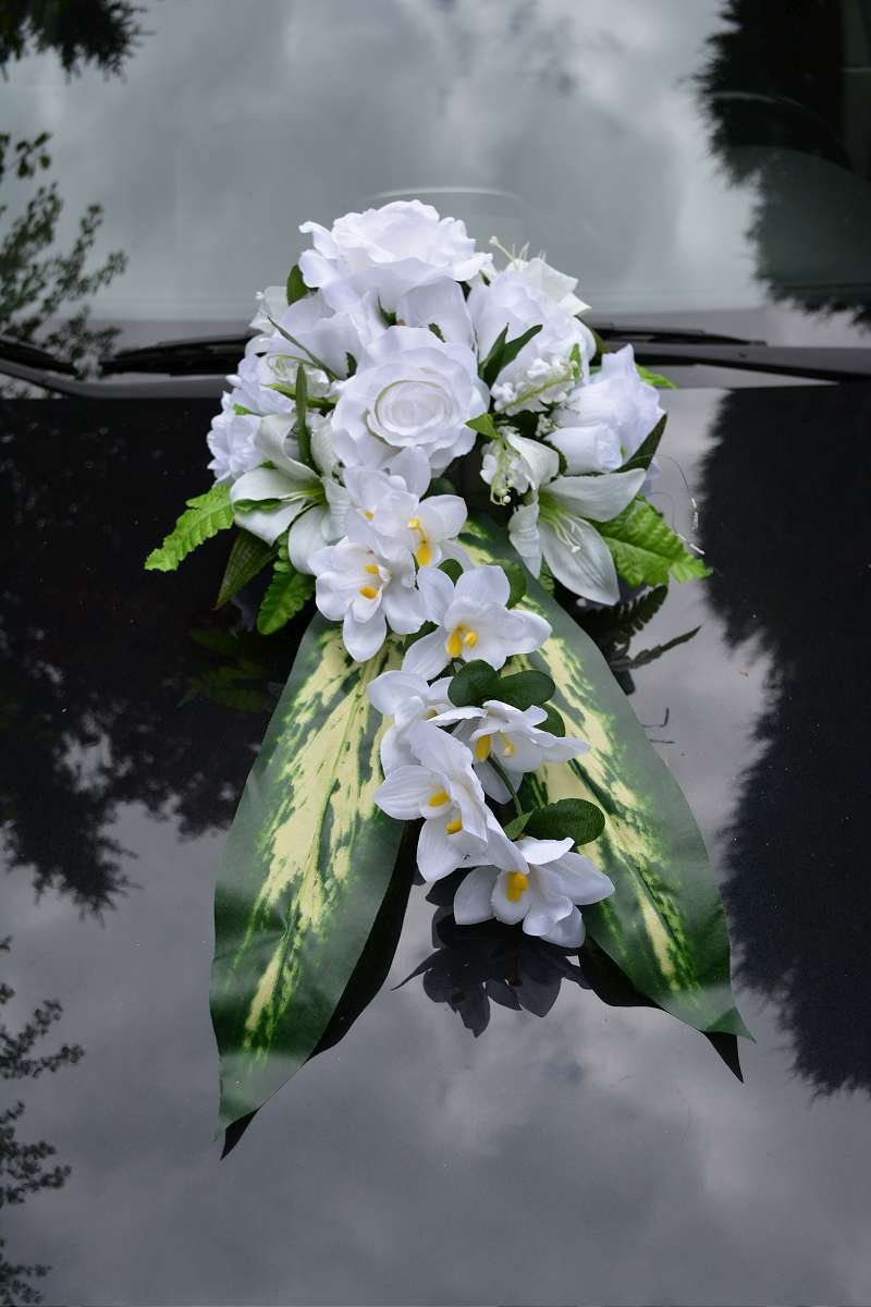AMP Autoschmuck Autodeko Hochzeit Dekor Verschiedene Variante Komplett (Blumenstrauss - Weiss)