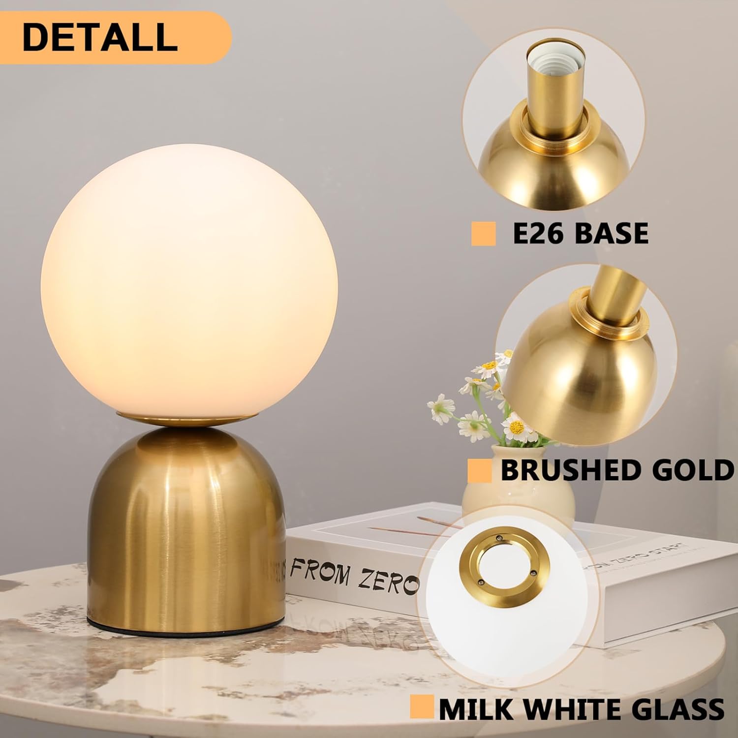 11 Inch Mid Century Gold Globe Table Lamp, Modern Vintage Round Ball Table Lamp with White Glass Shade Metal Base for Bedroom Bedside Lamp Living Room End Desk Lamp