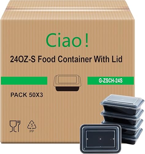 CIAO! Contenedor de comida rectangular negro moldeado por inyección de 24oz con tapa (150caja)