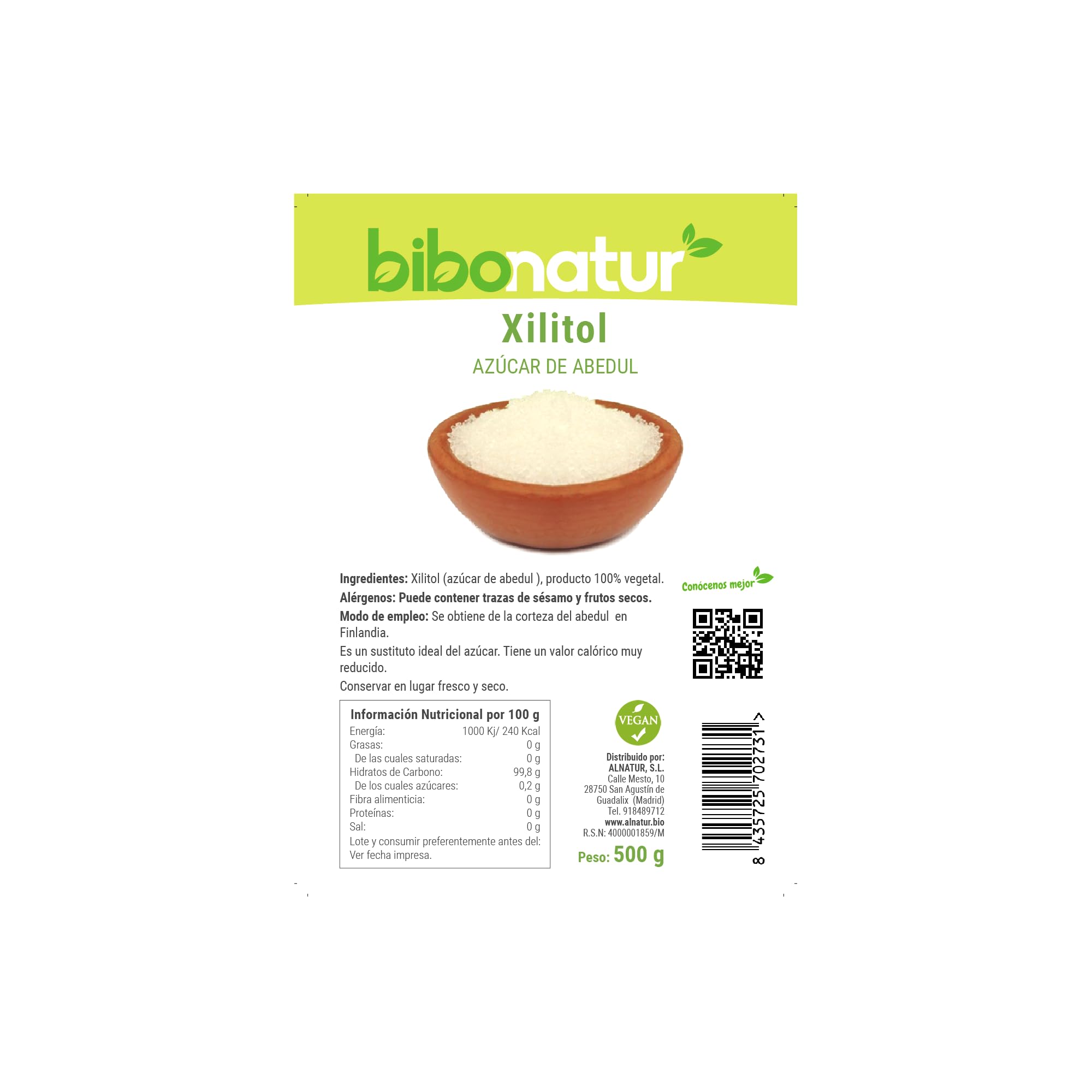 Bibonatur Xilitol 500gr – 100% Vegetal: azúcar de Abedul – Edulcorante Sustituto Natural del Azucar - Bajo Índice Glucémico – Bajo Índice Calórico