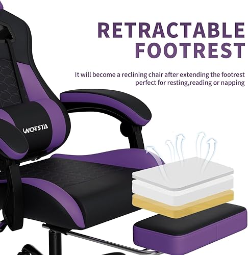 Miniatura 7 de Silla de juegos con masaje, silla ergonómica para juegos de PC con reposapiés, cómodo reposacabezas y soporte lumbar, silla de juego de respaldo