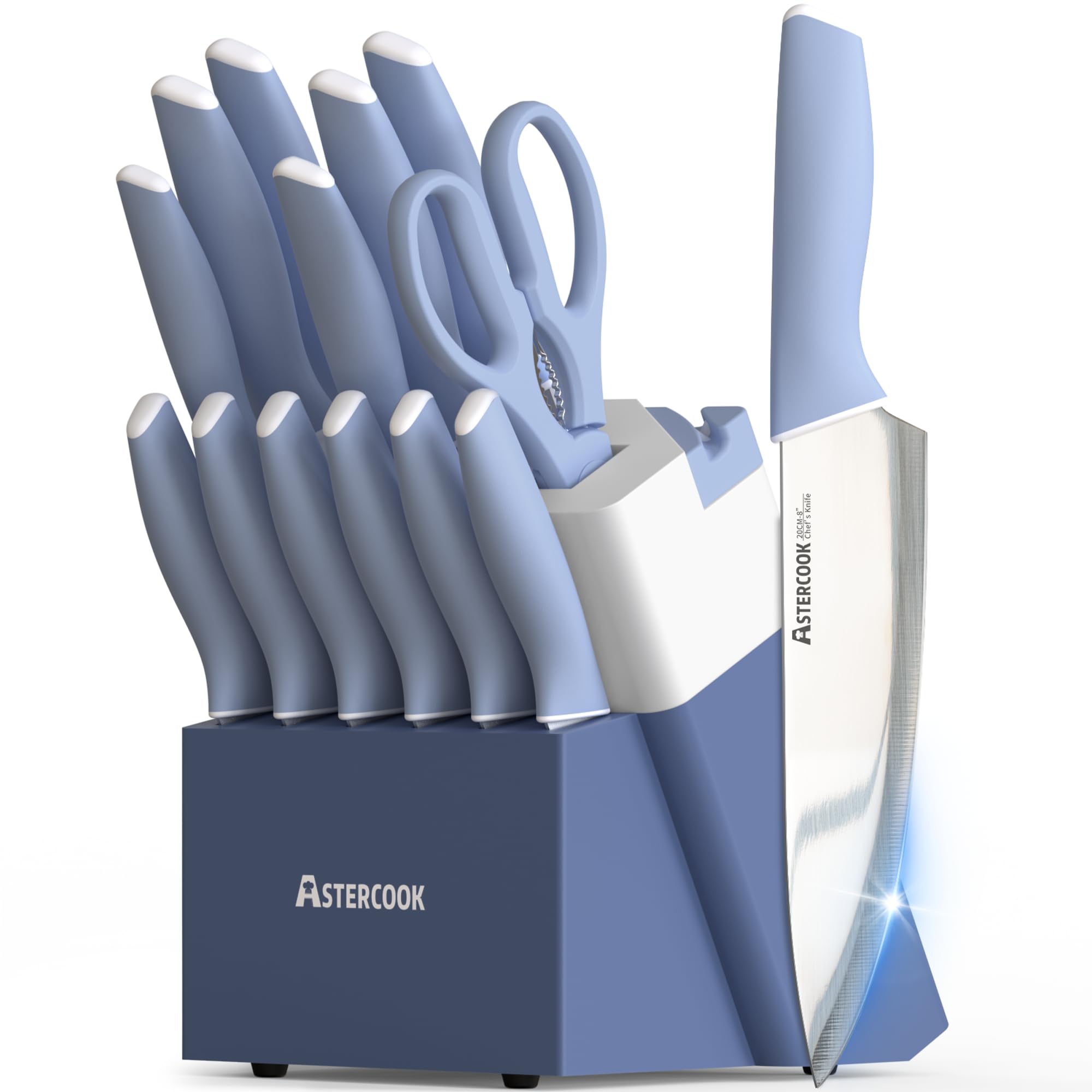 Astercook Kitchen Knife Set with Block and Sharpener 15 Piece German High Carbon Stainless Steel Sharp Blade Dishwasher Safe with Ergonomic Handle, Delicate Blue