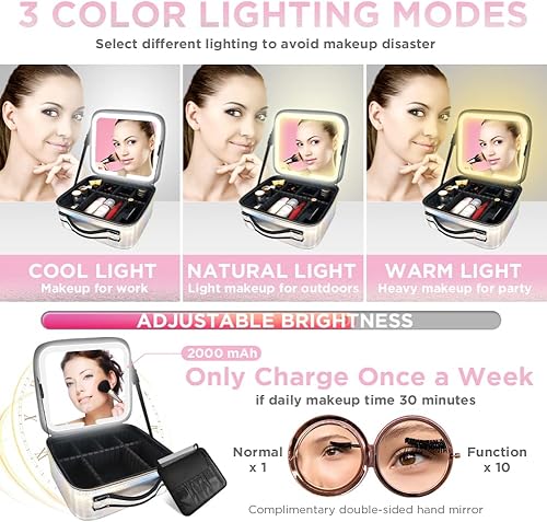 Miniatura 3 de Jula Vance Estuche organizador de maquillaje con espejo iluminado extraíble 3 escenarios de color brillo ajustable bolsa de viaje para cosméticos