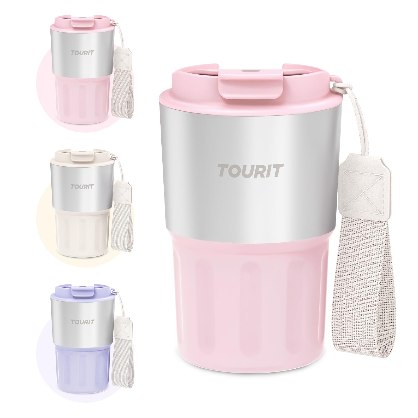 TOURIT 16 oz Travel Coffee Mug Spill-Proof, Insulated Stainless Steel Coffee Mug with Lid & Silicone Sea, Double Wall Vacuum Travel Coffee Tumblers, Cup Holder Friendly Reusable Thermos-Pink