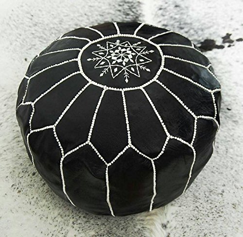 Moroccan-House | Set Of 2 Moroccan Poufs, Handmade Natural Leather Pouf, Ottoman Pouf Home Decor, Floor Pouf, Footstool, Black Leather & White Stitching #TOP1