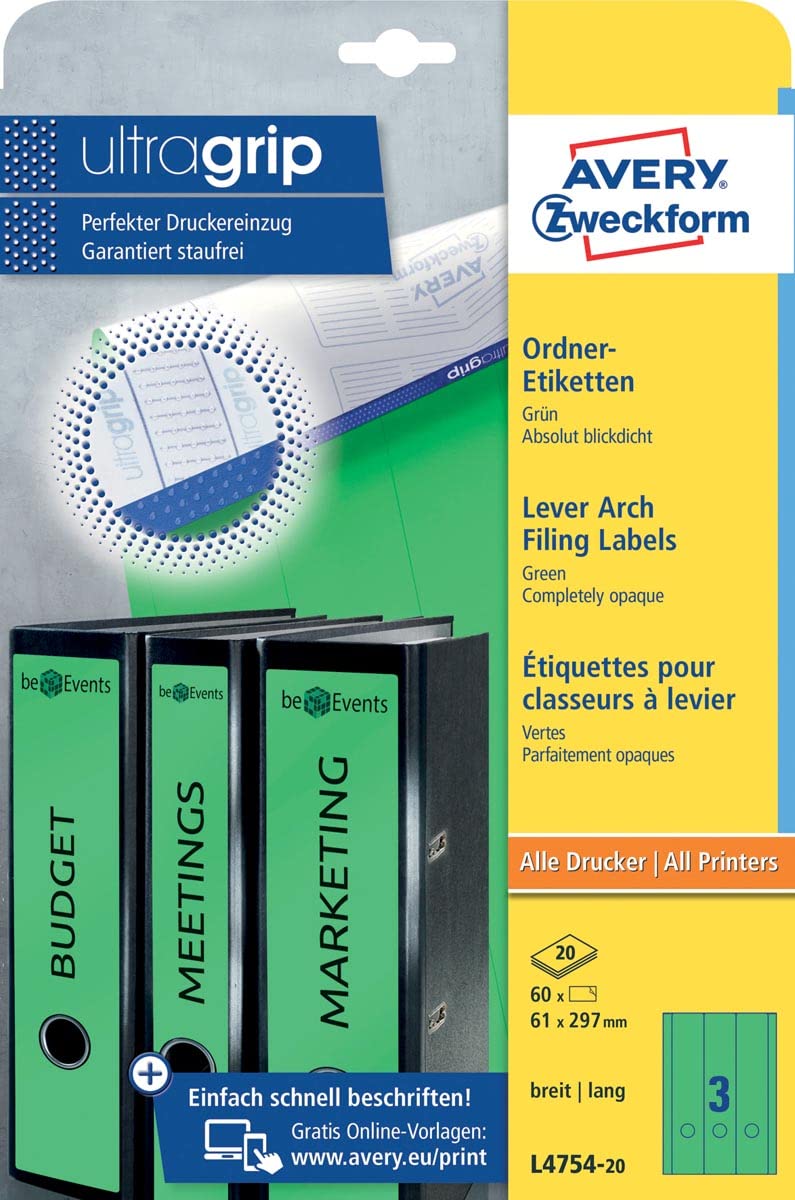 Avery Zweckform L4754-20 60 Folder Spine Labels (A4 60 Spine Labels, Width/Length 61 x 297 mm, self-Adhesive, Opaque) 20 Sheets, White