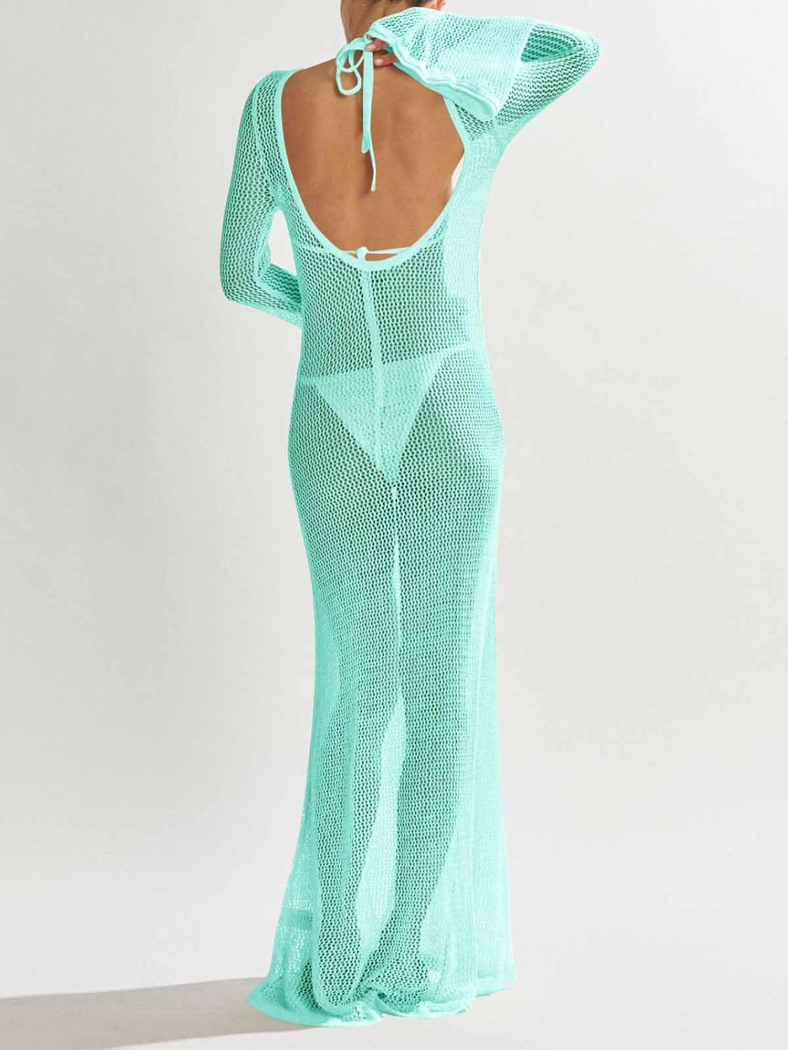 Saodimallsu Womens Crochet Cover Ups Long Sleeve Sexy Mesh Backless Knit Swimsuit Coverup Beach Maxi Dress - Image 5