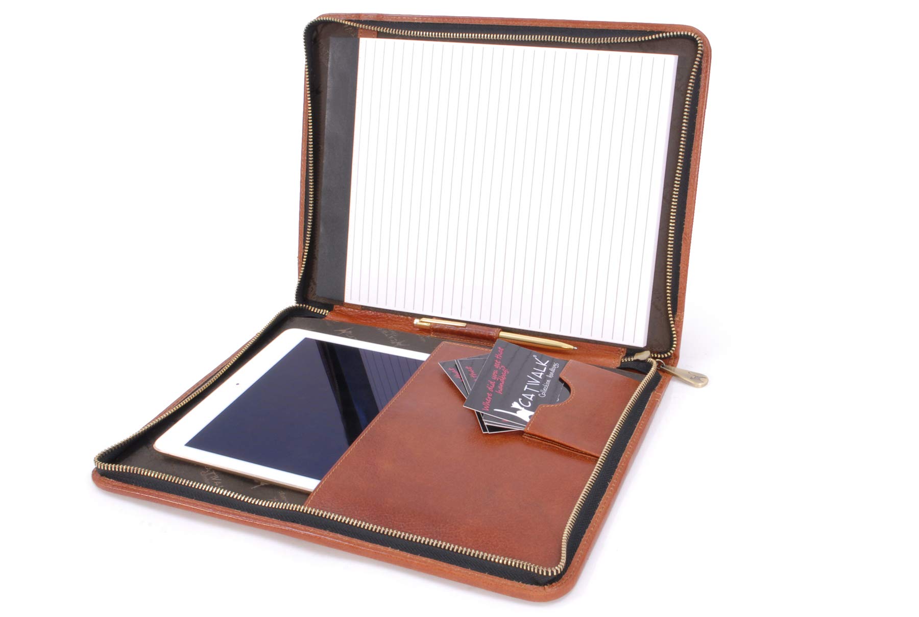 Catwalk Collection Handbags - Damen A4 Leder Notizbuchtasche - Konferenzmappe mit Reißverschluss - Für Tablet und Notizbuch - Chloe - Hellbraun