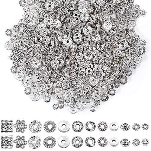 Paxcoo 600 cuentas espaciadoras plateadas de 12 estilos para hacer joyas, pulseras, collares