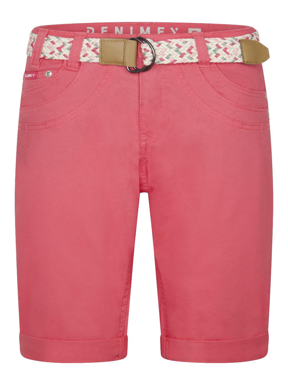 DENIMFY Bermudas Pantalones cortos para mujer con cinturón, corte regular, pantalones chinos, pantalones cortos de verano, hasta la rodilla, elásticos, monocolor, blanco, beige, rosa, azul, oliva,