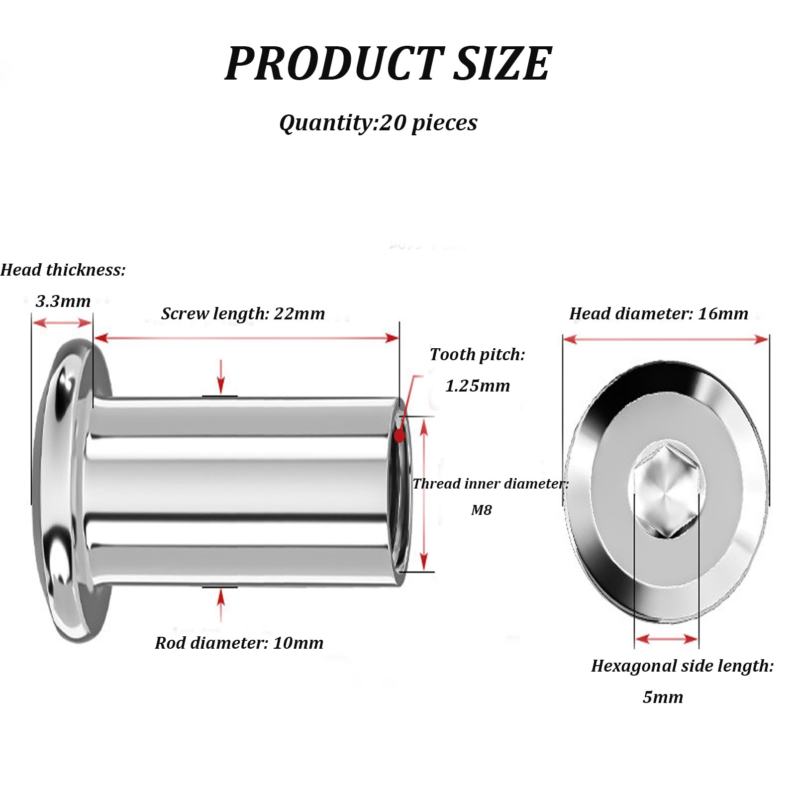 Dadi di bloccaggio esagonali in acciaio inossidabile M8 304 da 20 pezzi for viti - Elementi fissaggio hardware for mobili(50mm)