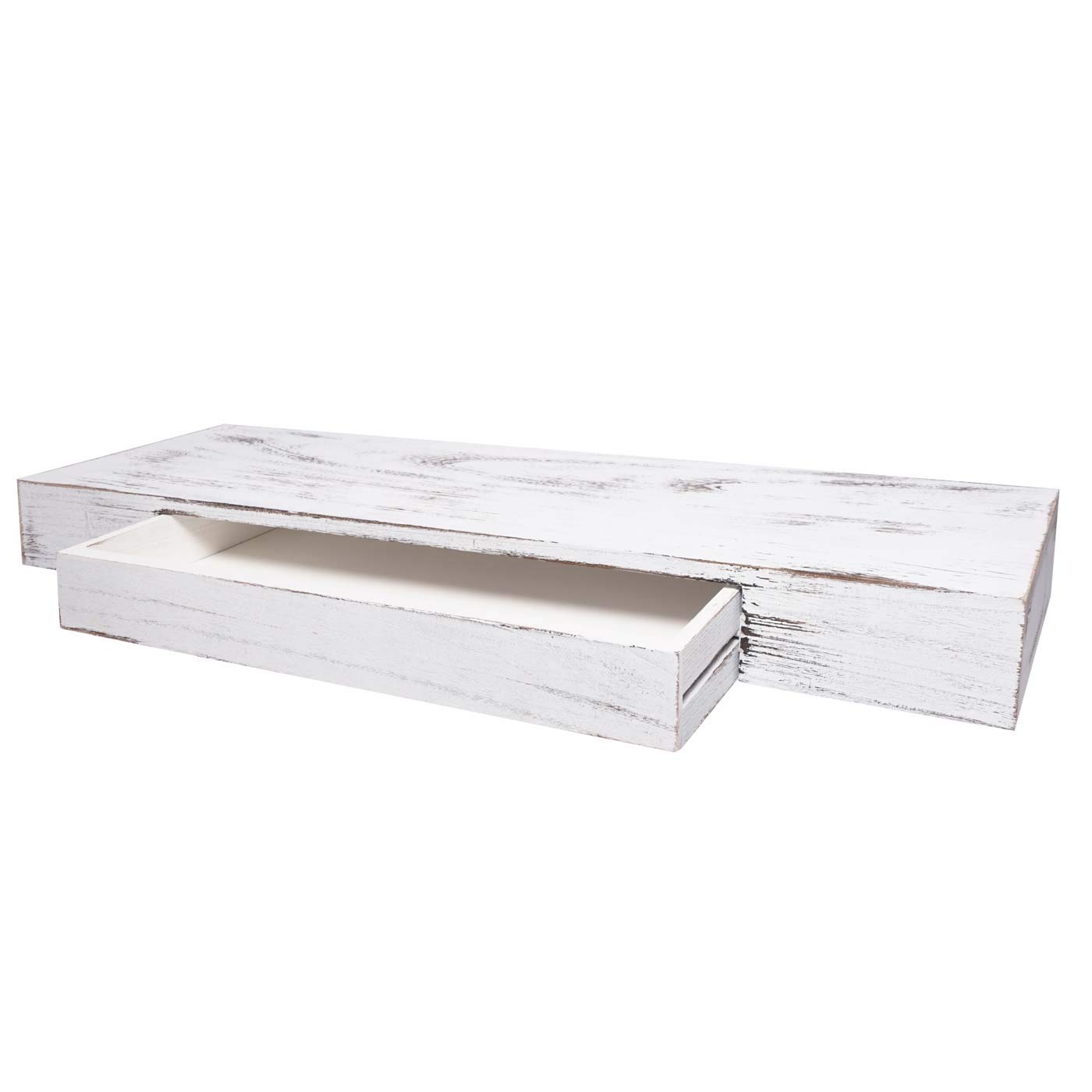 Mendler Estantería de pared HWC-H37 con cajón de madera maciza, 8 x 80 x 25 cm, color blanco | Estantería flotante para pared, estantería colgante