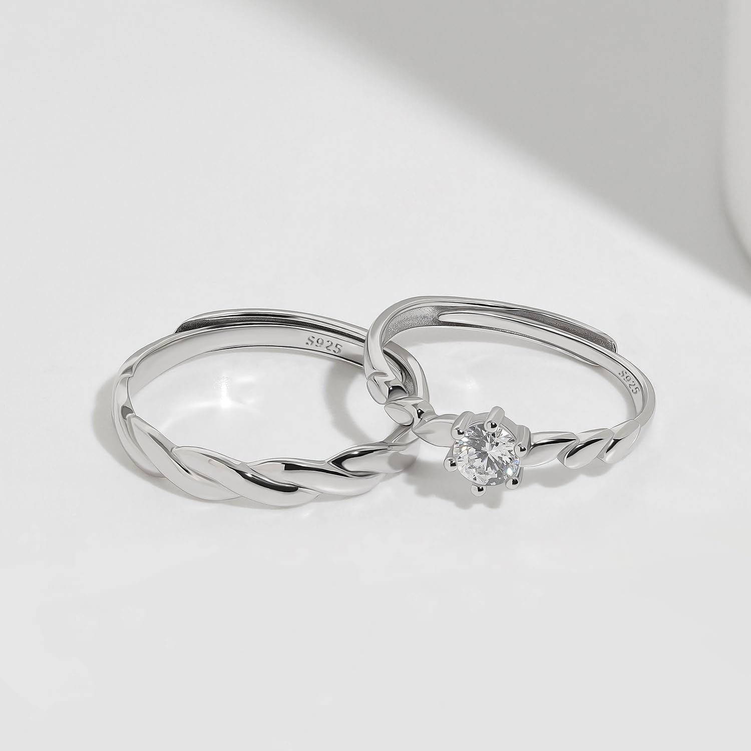 Meissa Anillos de Boda Compromiso de Plata de Ley 925 para Hombres y Mujeres, Anillos de Promesa Ajustables, Juego de Anillos de Compromiso para Aniversarios, Juego de Dos Anillos