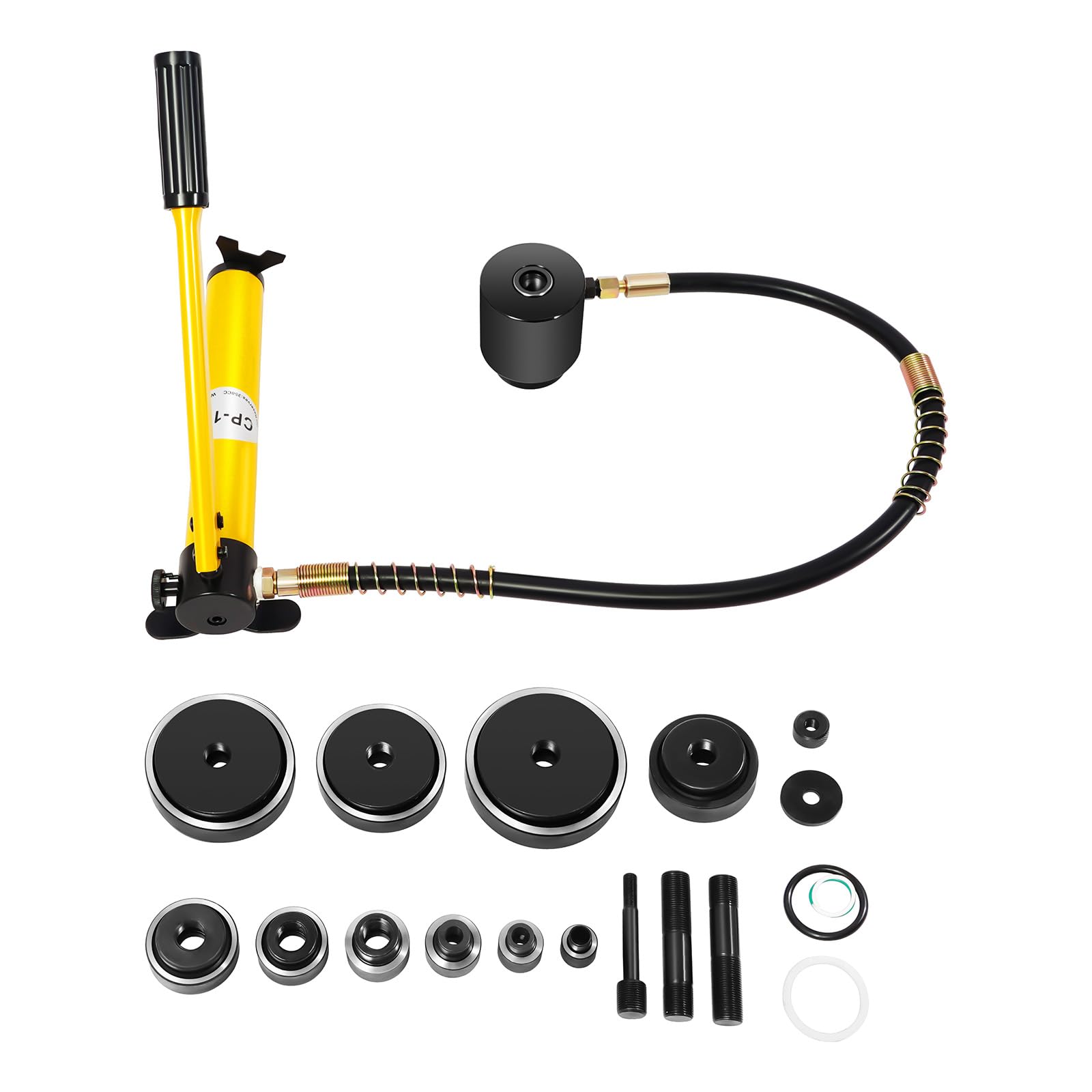 SYK-15 15T - Perforatore idraulico per lamiera, 16-101 mm, con 10 matrici, testa girevole a 360°, valigetta per acciaio inox, alluminio, plastica, 3 mm, piastra gialla